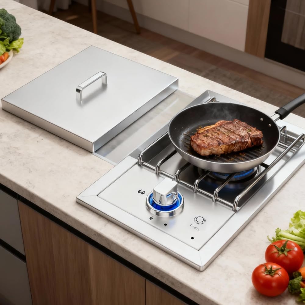 Single Grilling Side Burner, 17,000BTU Propane/Natural Gas, 304 Stainless Steel Built-in with LED for BBQ Grill Island