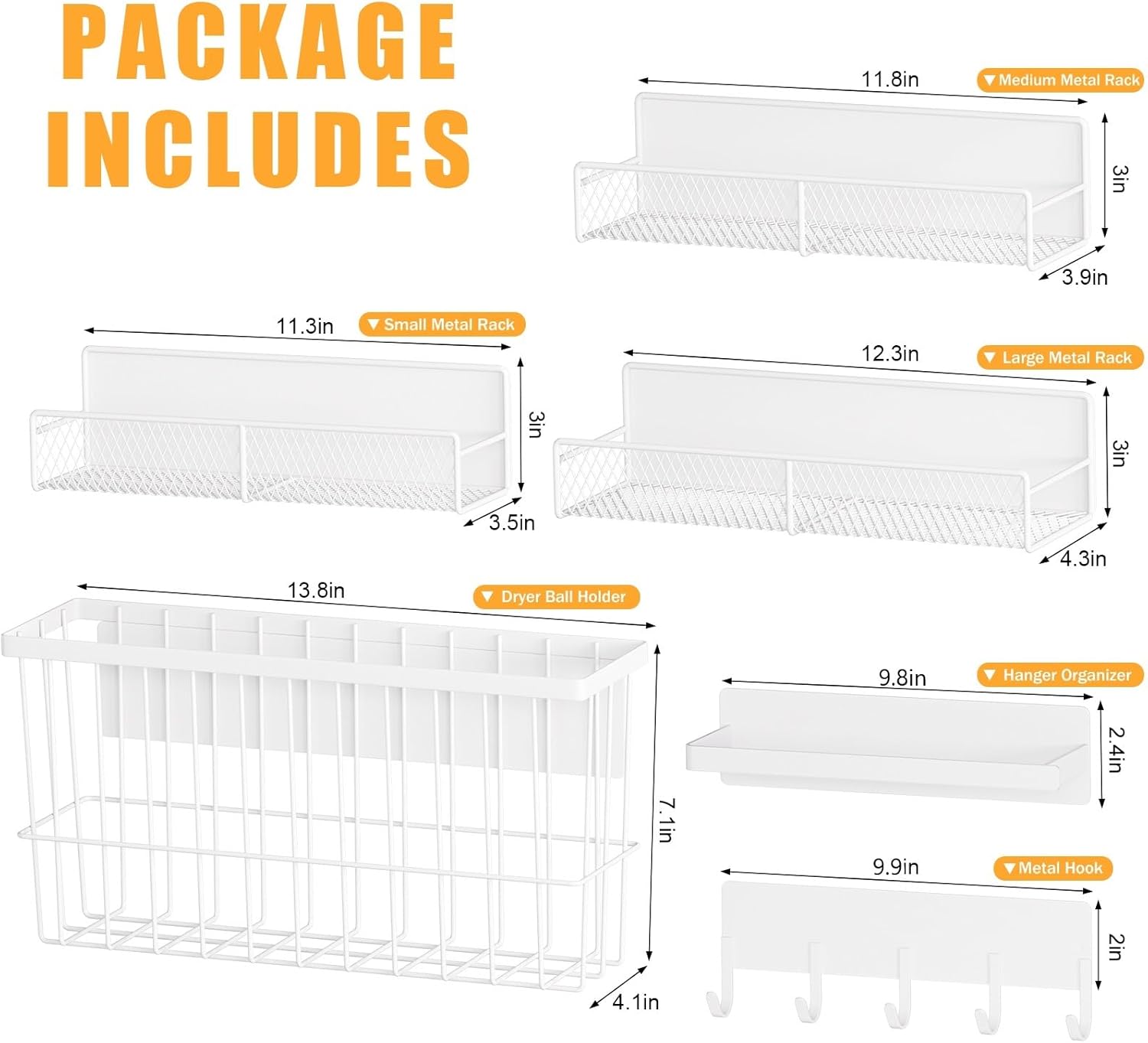 6-Pack Magnetic Shelves for Washing Machine & Refrigerator, Heavy-Duty Laundry Organizer with Hanger Holder & Deep Baskets, Metal Storage System for Laundry Room (White)