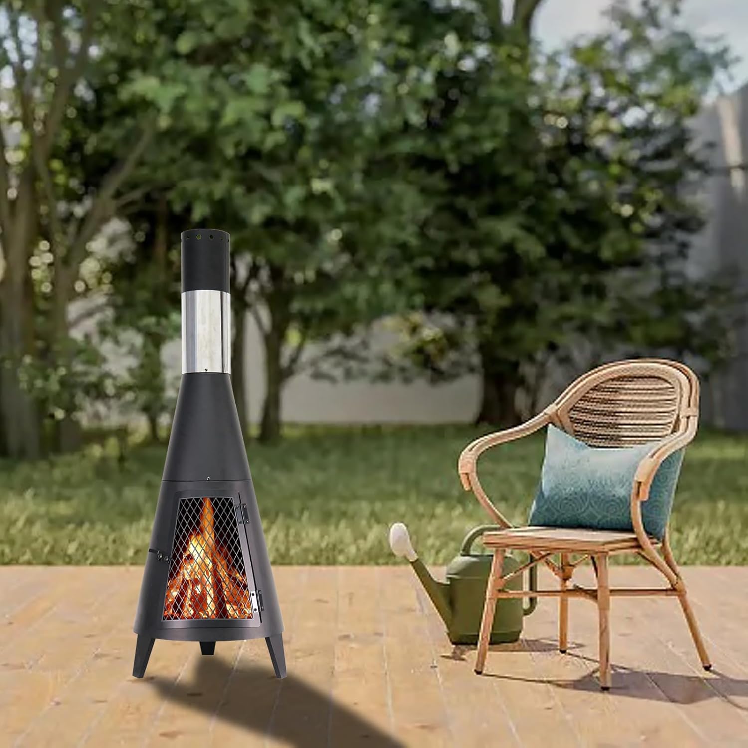 BDL Chiminea Outdoor Fireplace Outdoor Wood Burning Fire Pit Free Standing Fireplace with Log Grate, Mesh Screen for Patio, Backyard, Garden-Black