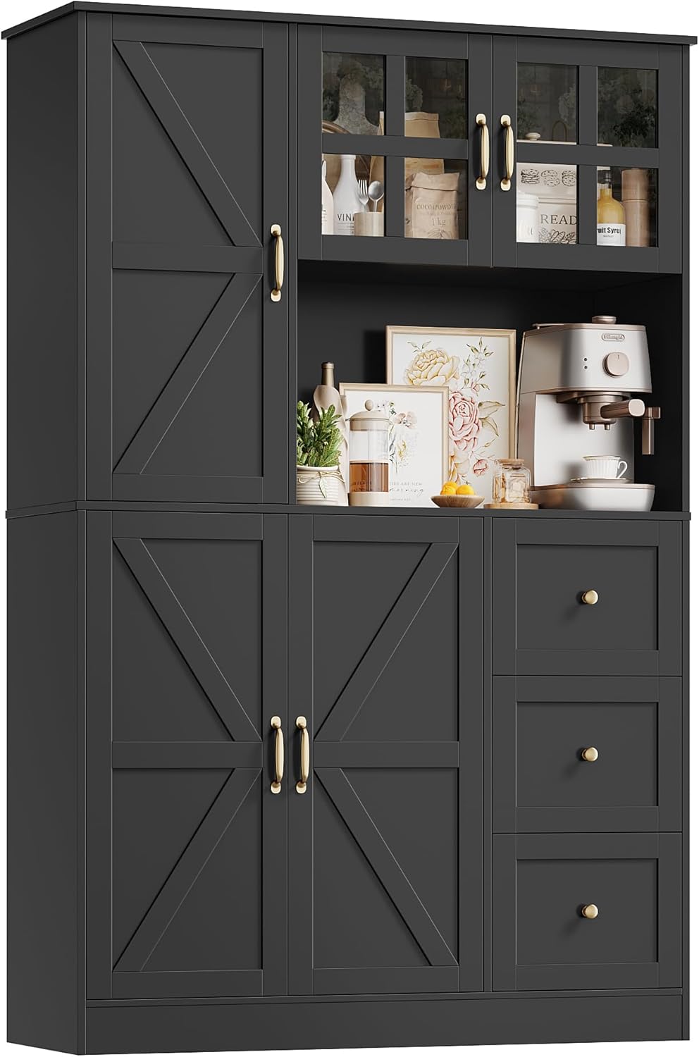 FINETONES Farmhouse Pantry Cabinet, Kitchen Pantry Storage Cabinet with Microwave Stand, Ktichen Hutch Food Pantry Cabinet with Open Countertop and Adjustable Shelf for Kitchen Dining Room, Black