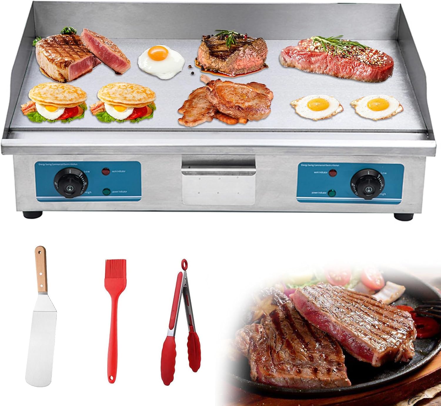 Electric Countertop Griddle Flat Top Grill Hot Plate BBQ Commercial Grill with Large Cooking Surface & Adjustable Temperature Control (820)