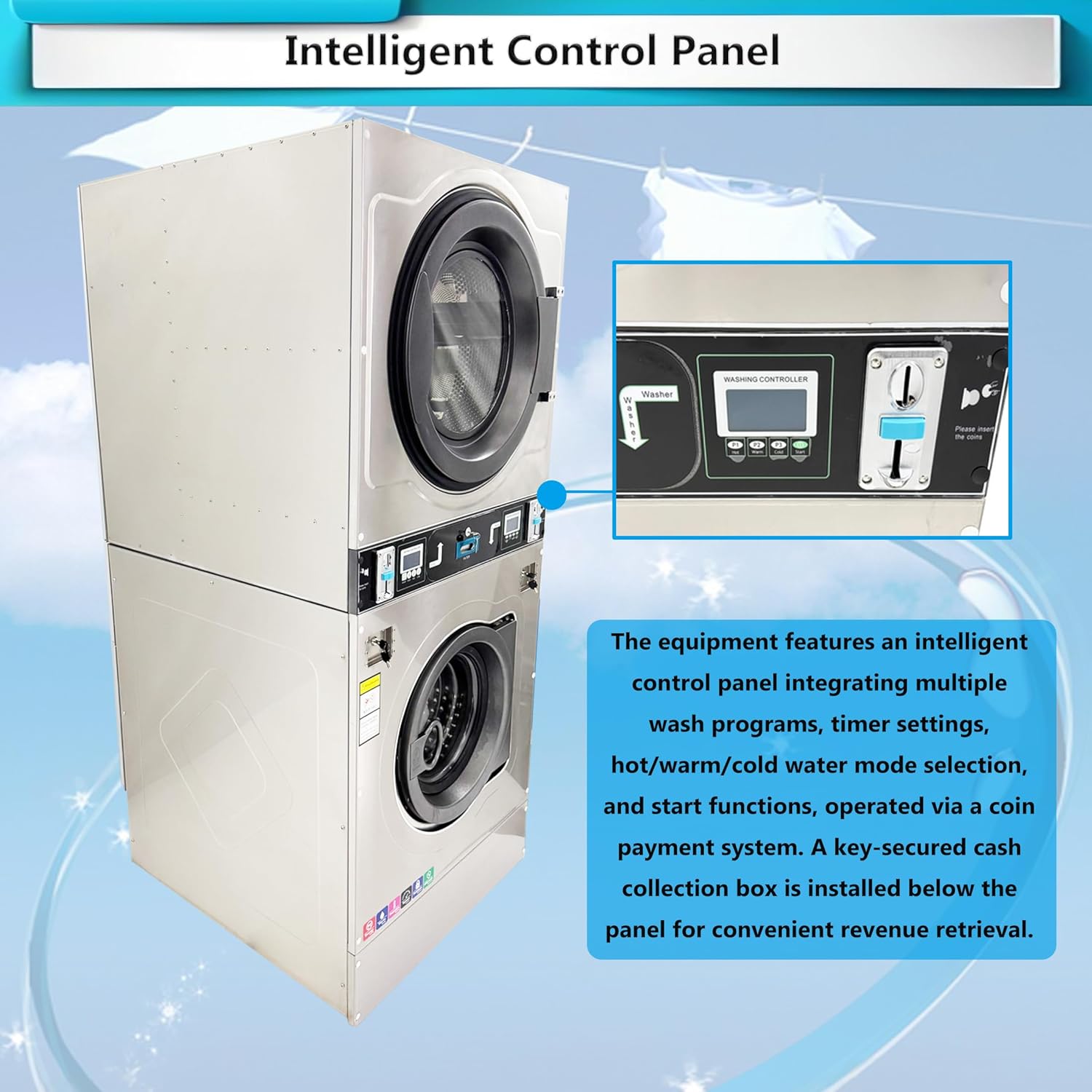 INTSUPERMAI Coin-Op Washer Dryer Combo 26.4lbs Washer Dryer Combo Automatic Laundry Washer Spinner Dryer Machine 304 Stainless Steel Drum, Front-Load & Top Vent for Laundromats/Apartments/Gyms 220V