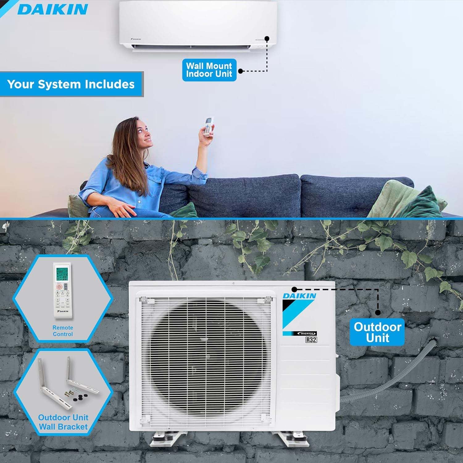 Daikin 12,000 BTU 18 SEER2 Entra R32 Series Ductless Mini Split Heat Pump System w/Wall Mounting Bracket (230V), White, RXC12+FTXC12+WAFP24