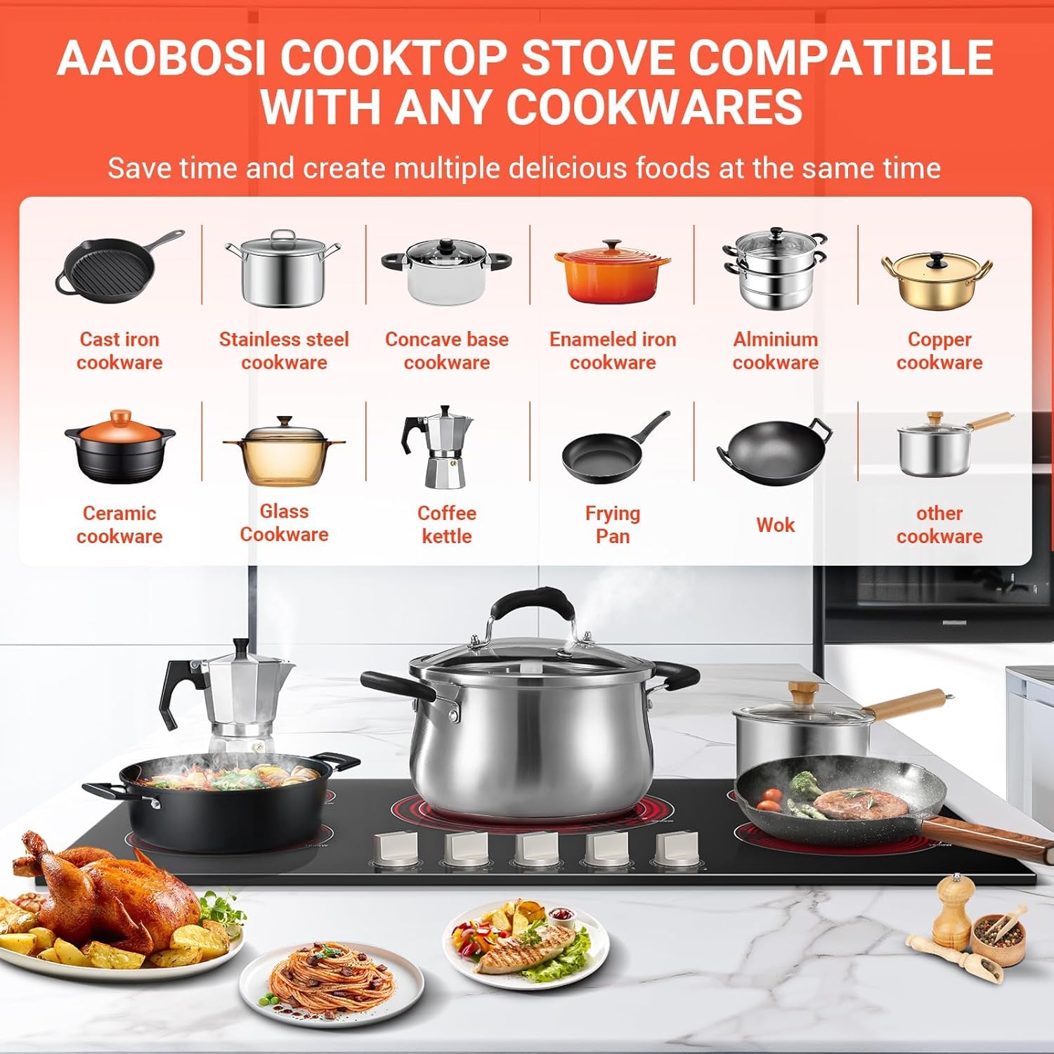 AAOBOSI 36 Inch Electric Cooktop 5 Burners, Upgraded 9000W Knob Control Built-in Ceramic Cooktop,Electric Stove Top,9 Heating Level, Chlid Lock Timer, ETC&FCC 220V~240V for Hard Wire(No Plug)