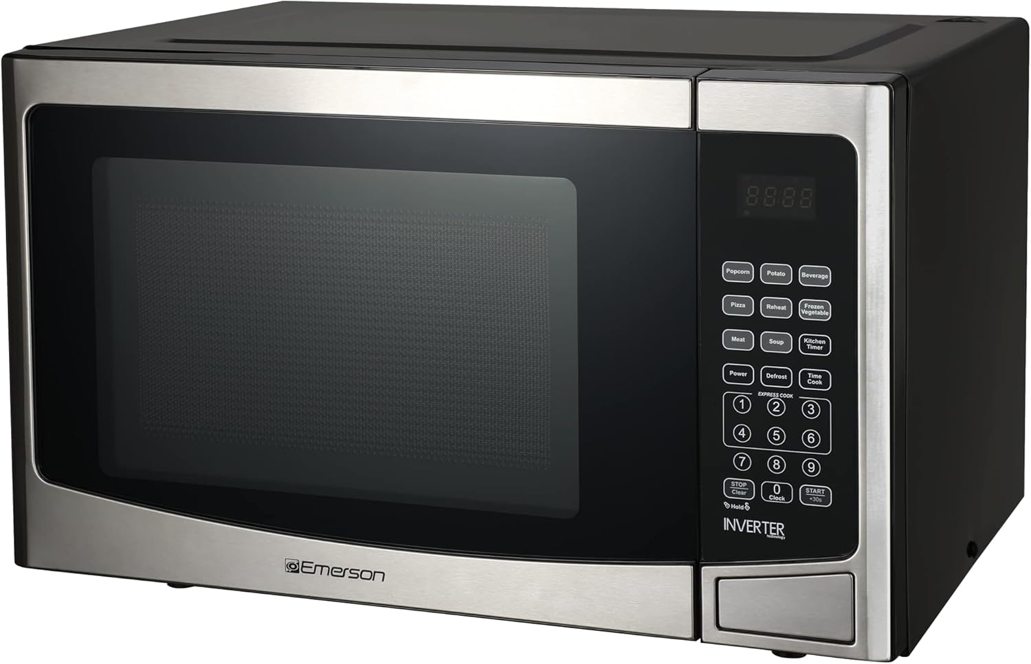 Emerson 1.2 Cu. Ft. Microwave Oven with Inverter, Timer & LED Display, 1000W, 10 Power Levels, 8 Pre-Programmed Settings, Removable Glass Turntable with Child Safe Lock, MWI1212SS, Stainless Steel