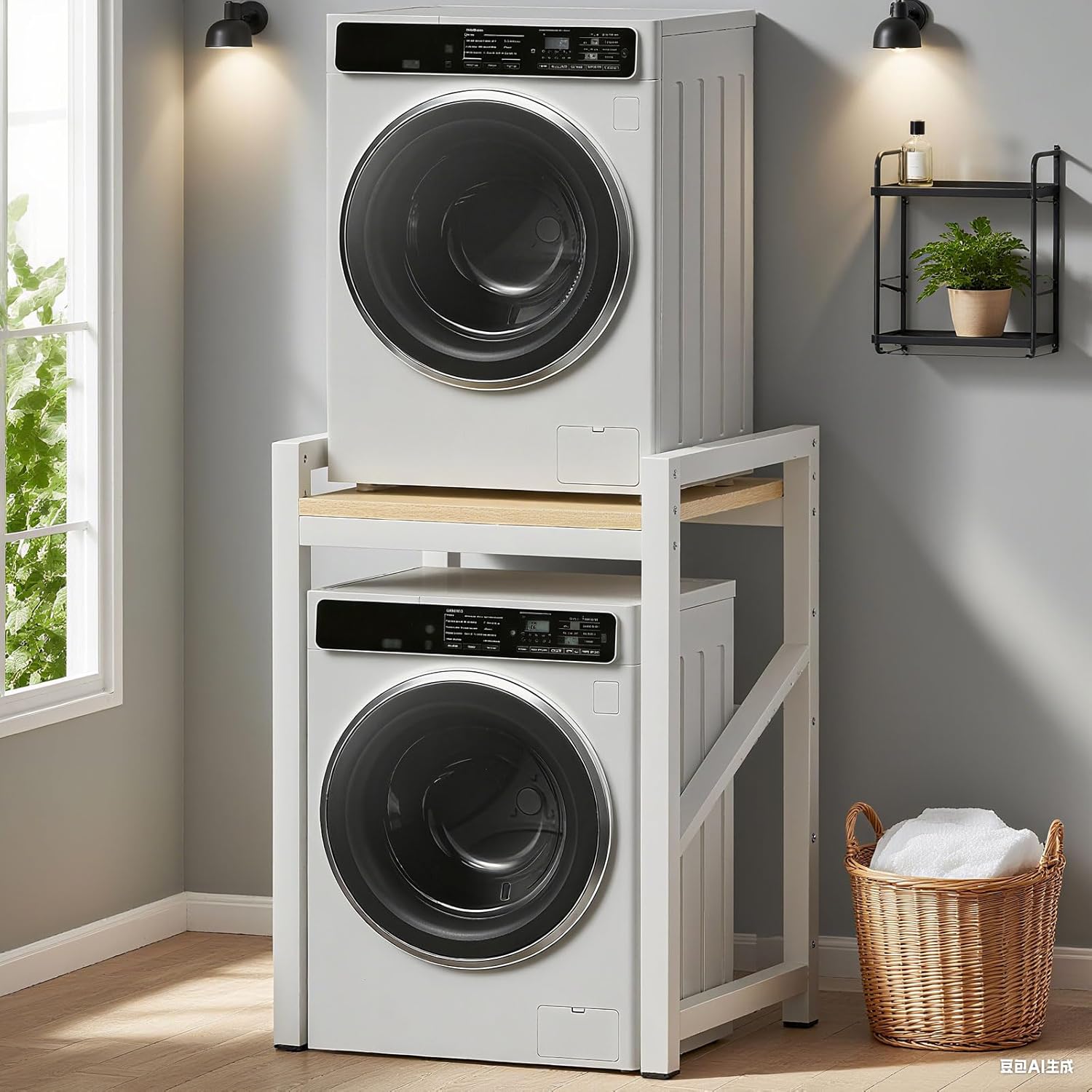 Washer Dryer Stacking Rack Kit 29.5in, Over the Washer and Dryer Storage Shelf for Laundry Room, Bathroom, Heavy Duty, Height Adjustable, 1.2mm Wall Thickness 660lbs Capacity (White, 29.5in)