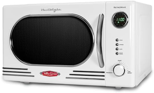 Nostalgia Retro Countertop Microwave Oven - 1.1 Cu Ft & 1000 Watt Power- Easy to Clean with Removable Glass Turntable - Child Safety Lock - 12 Programs - Digital Clock - White