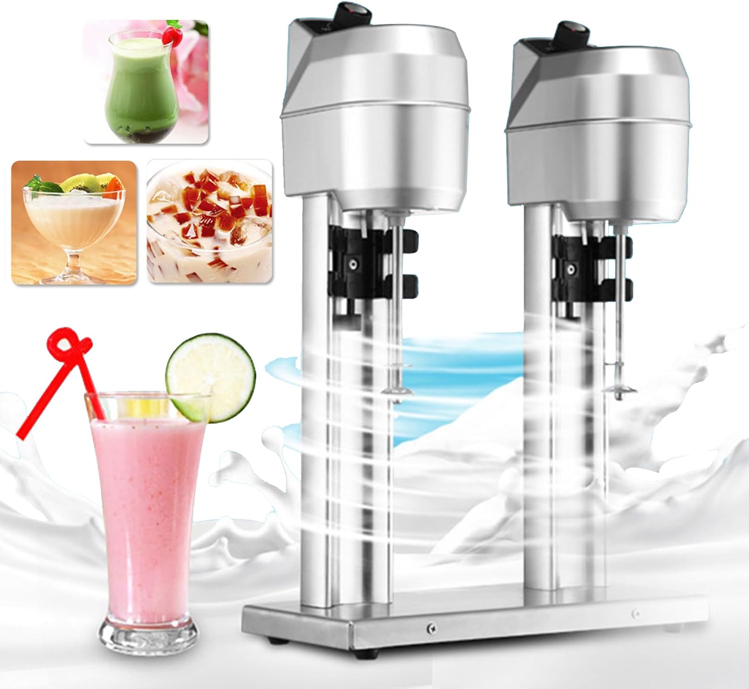 Commercial Milkshake Maker with 2 X 1000 Ml Cups, 600W Motor Electric Mixed Drink Maker Micro Sensor Switch Max 16000R/Min Double Heads Drink Mixer Blender