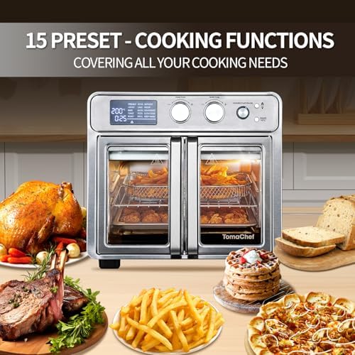 26QT French Door Air Fryer Toaster Oven Combo, 15 Cooking Functions including Rotisserie, and Digital Controls, 30 Recipes & 5 Accessories, Stainless Steel Finish