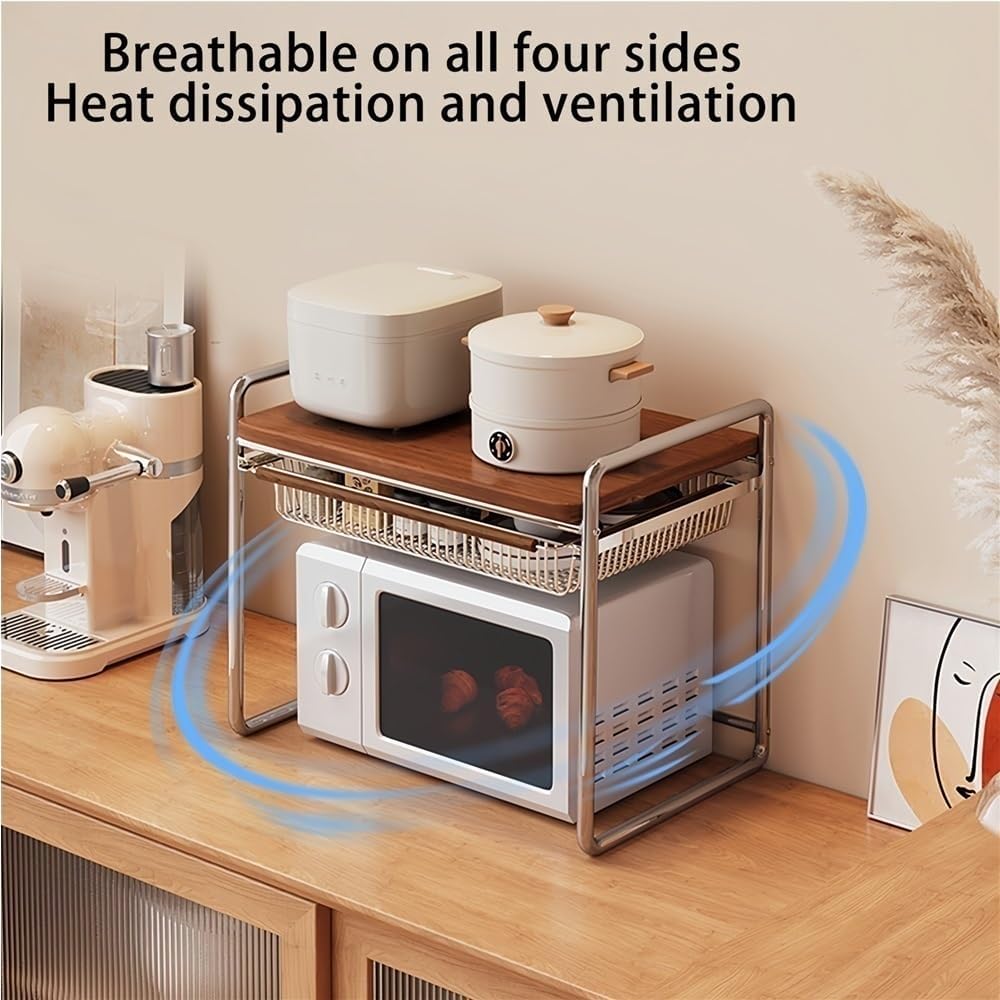 Wood Microwave Oven Rack, Metal Over The Microwaves Shelf with Storage, Kitchen Storages Shelves for Home, Office(18.89in)