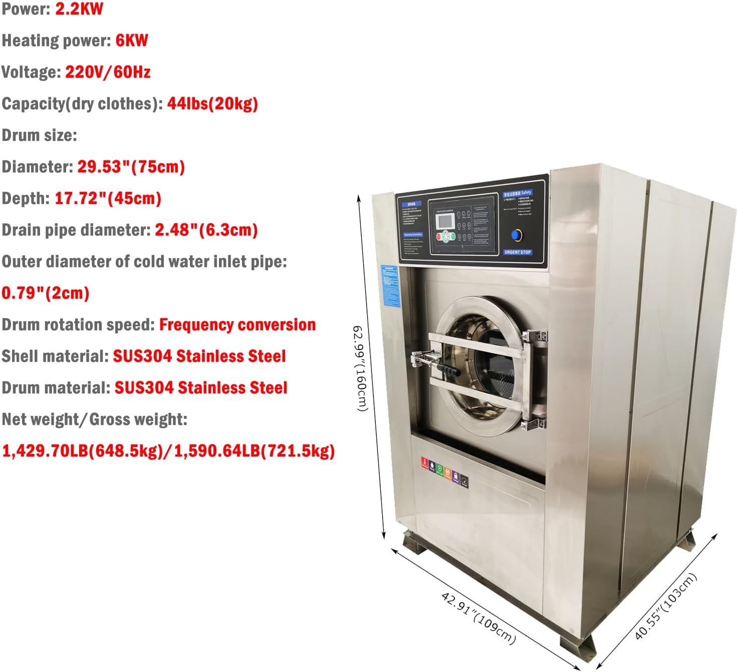 Automatic Laundry Washing Machine Commercial/Industrial Wash+Spin+Dry Front Load Washer with 44lbs Dry Clothes Capacity Stainless Steel 220V 3PH
