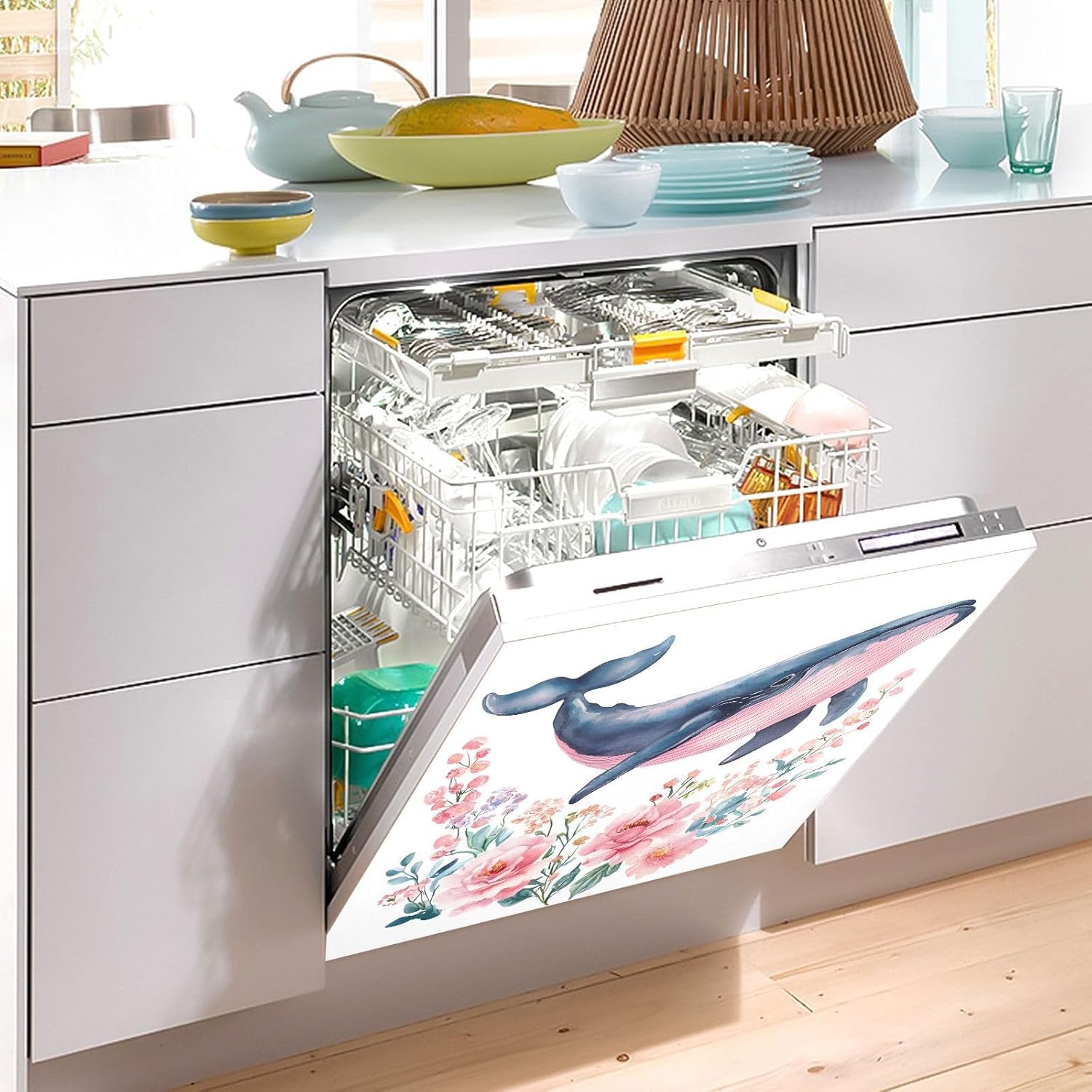 Dishwasher Magnet Cover Large Magnetic Stickers Watercolor Pink Flowers Front Dishwasher Cover Reusable Decal for Home Kitchen Anti-Scratch Refrigerator Decorative Lid Washing Machine Laundry 23