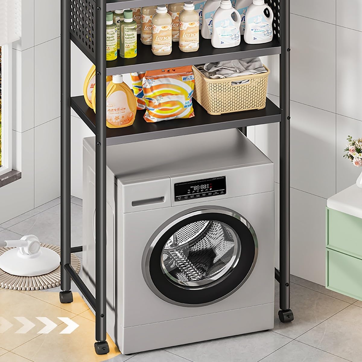 3 Tiers Over Washer and Dryer Shelves, Steel Washer-Dryer Stacking Rack Stand with Wheels, All Steel Laundry Room Organizer Standing Shelf with Perforated Board for Bathrooms, Bedroom, Balcony(Black,7