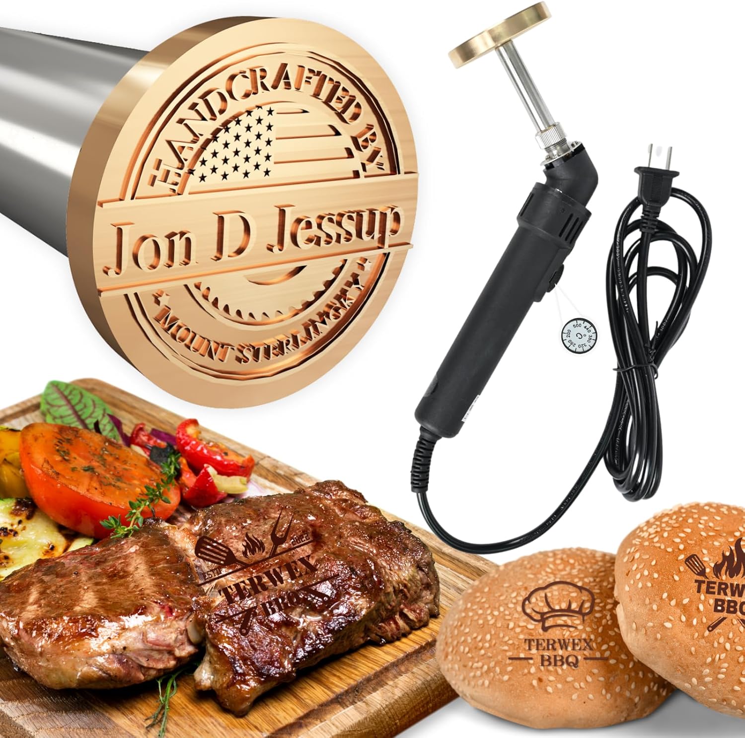 Custom Electric Branding Iron for Burger, Logo Branding Irons Personalized for Food Cake Bread BBQ Meat Coconut, Temperature-Controlled Brass Letters Burning Stamp, BBQ Gifts Grill Accessories