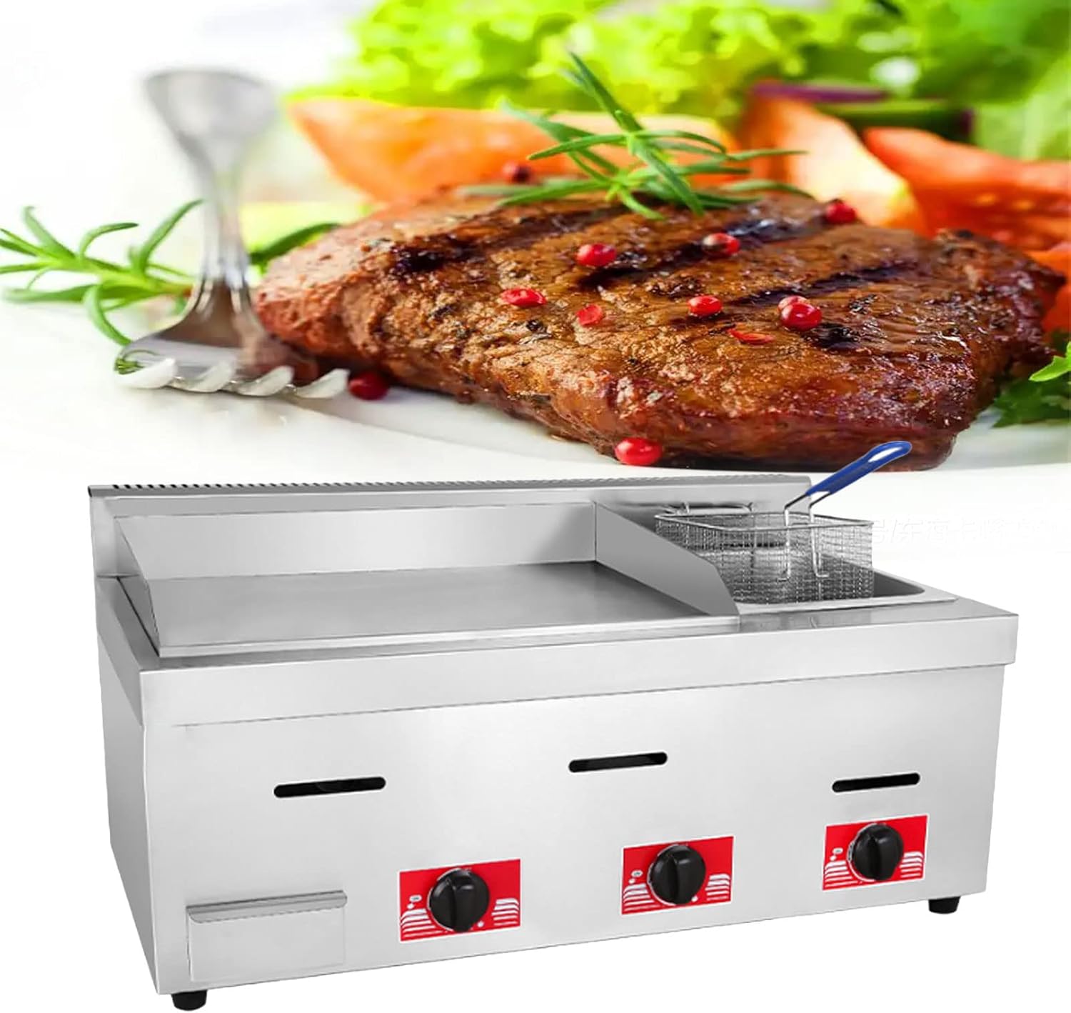 Burner Portable Gas Plancha BBQ Griddle, Stainless Steel, Restaurant Professional Grade Stainless Steel Propane Grill, Multi-Function Commercial Kitchen Gas Grill with Basket for Outdoor Catering