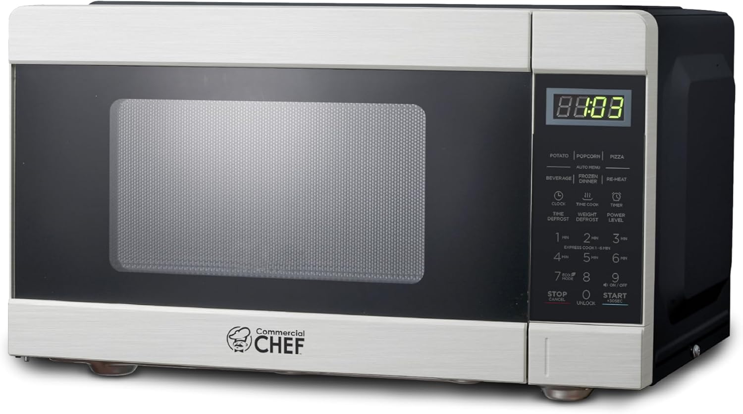 COMMERCIAL CHEF 0.9 Cu Ft Microwave with 10 Power Levels, Push Button and Child Lock, 900 Watt Microwave with Digital Controls, Countertop Microwave with Timer and Quick-Touch Menu, Stainless Steel