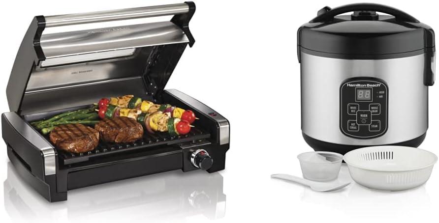 Hamilton Beach Electric Indoor Searing Grill, 6-Serving, Extra-Large Drip Tray, Stainless Steel (25361) & Digital Programmable Rice Cooker & Food Steamer, 8 Cups Cooked (4 Uncooked), Stainless Steel