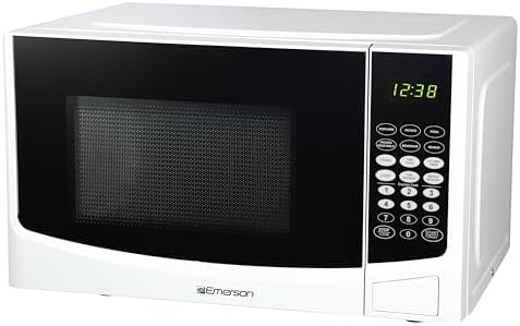 Emerson 0.9 Cu. Ft. Compact Countertop Microwave Oven with Touch Control, LED Display, 900W, 6 Auto Menus with Removable Glass Turntable and Child Safety Lock, MW9255W, White