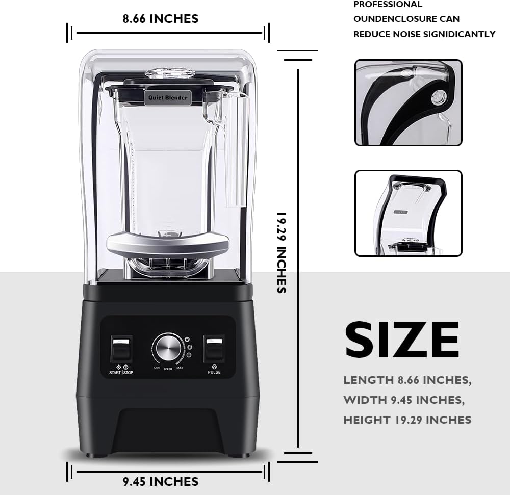 Professional Quiet Blender, Commercial Blender for Shakes and Smoothies with Quiet Shield Sound Enclosure, Noise Reduction blenders for Kitchen with 56oz Jar