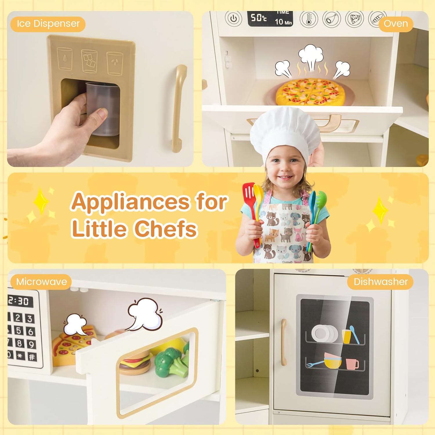 Costzon Kids Corner Play Kitchen, Pretend Play Kitchen Set w/Ice Dispenser, Stoves, Oven, Microwave, Dishwasher, Water Faucet & Accessories, Wooden Toy Kitchen Playset for Boys & Girls 3+