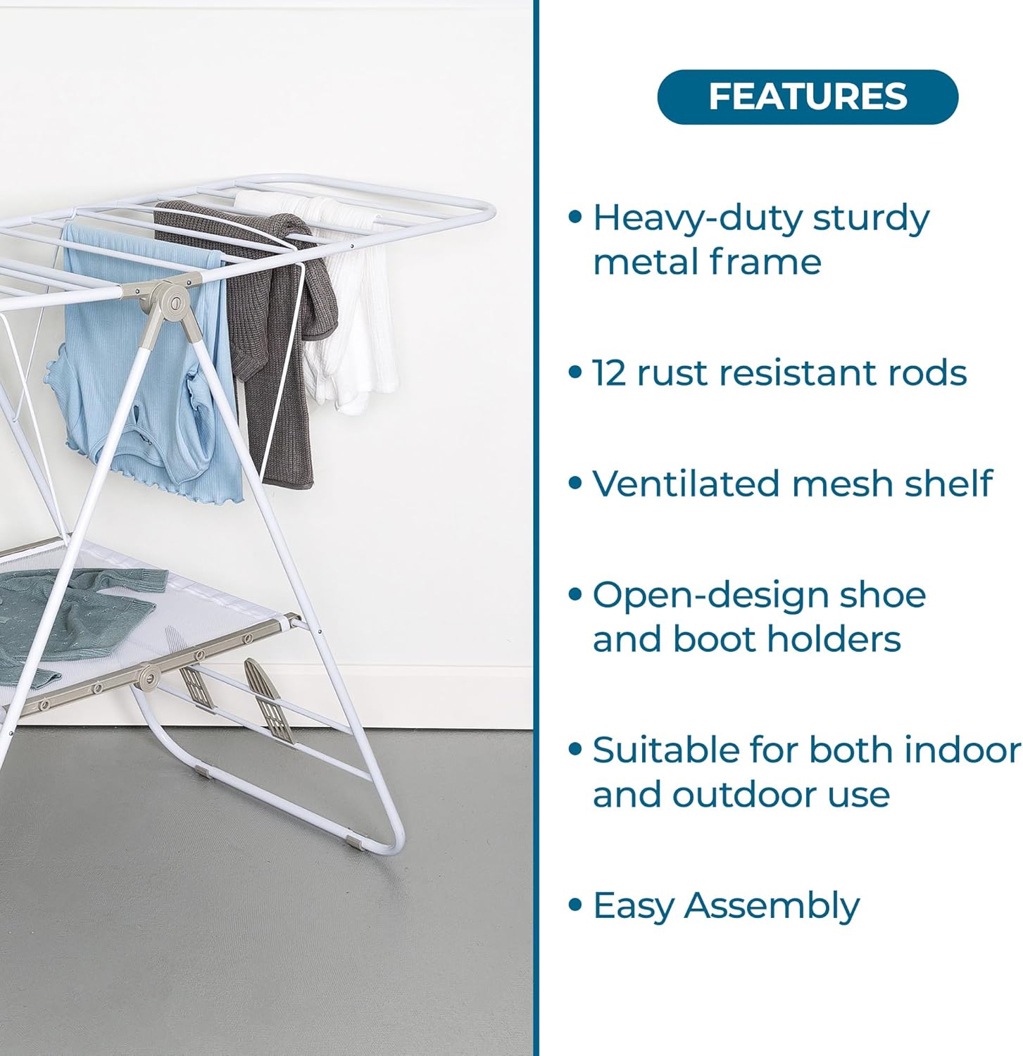 Honey-Can-Do Heavy-Duty Foldable Laundry Drying Rack – Portable Shoes & Clothes Rack for Indoor & Outdoor Use, Space-Saving Design, Easy to Fold Gullwing Design, Sturdy Metal, 50lb. Capacity, White