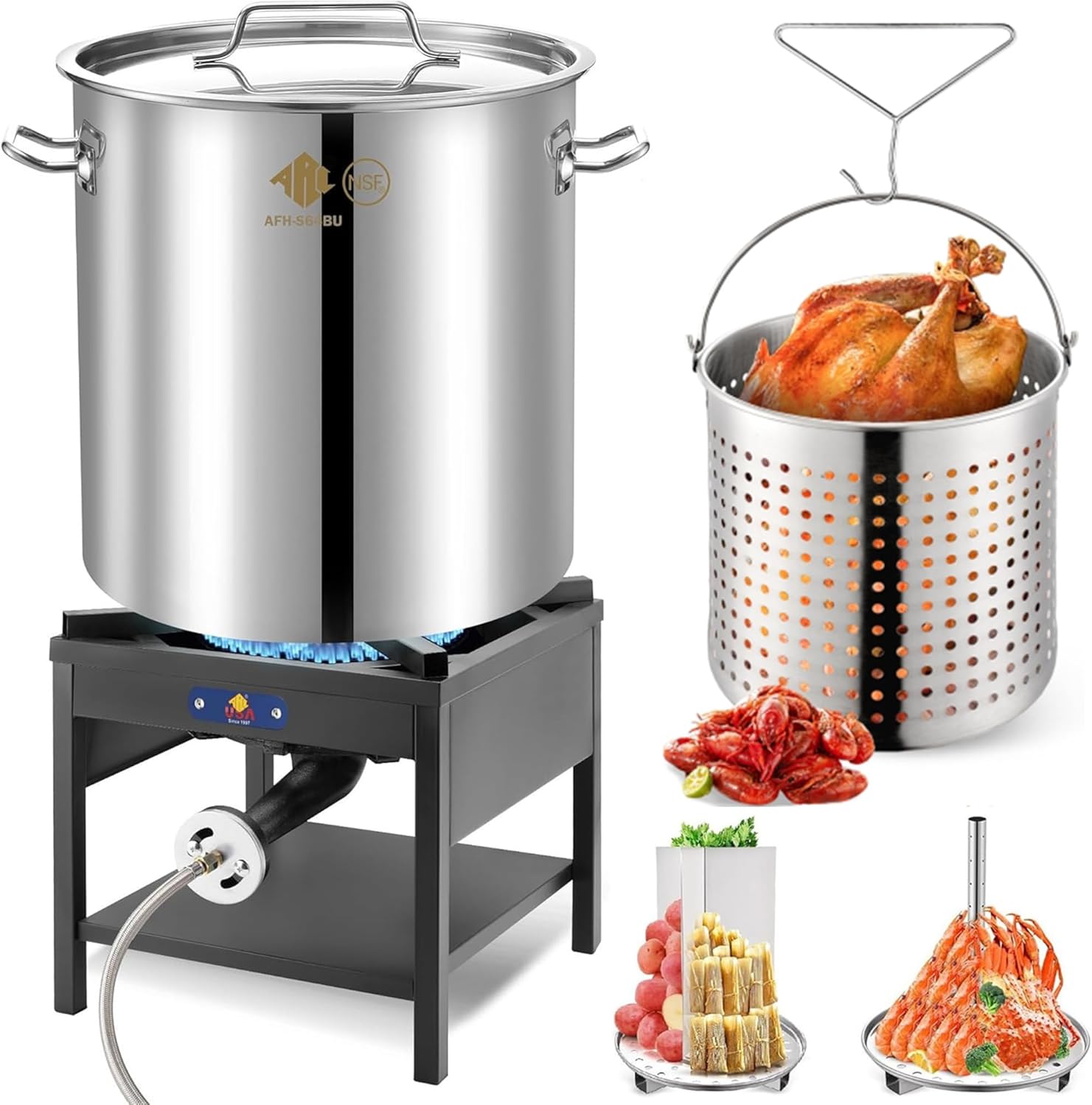 ARC 64QT Stainless Steel Pot with 200,000BTU Propane Fryer, Seafood Boil Pot, Crab Boil Pot, Lobster Pot, Shrimp Boil Pot, Tamale Steamer Pot with Basket and Turkey Fryer Burner