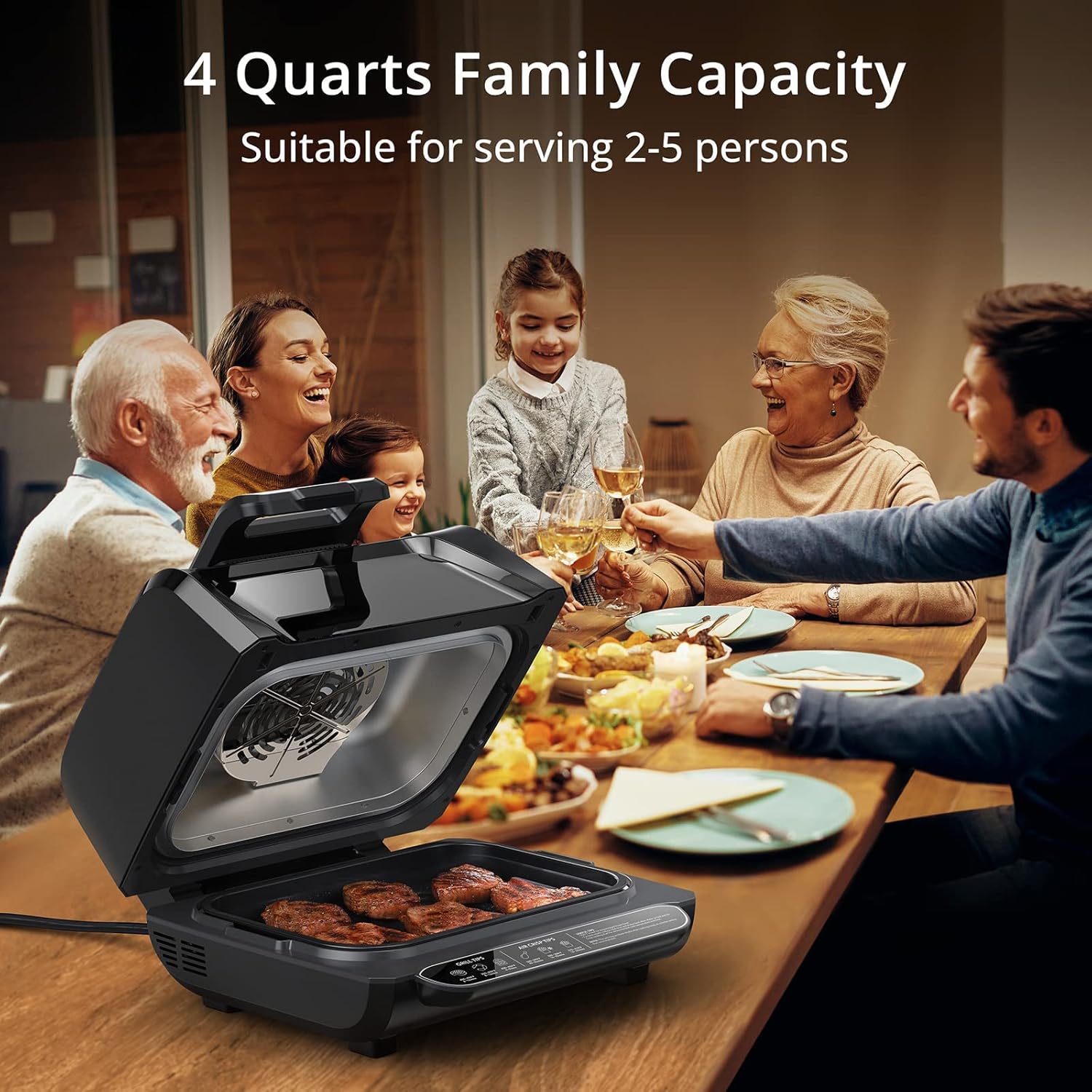 IDEALHOUSE 7-in-1 Indoor Grill Air Fryer Combo, Smokeless Electric Grill with Transparent Window, 1750W Power Reaches 450°f, Includes Nonstick Removable Plates, Silicone Tongs, 4QT