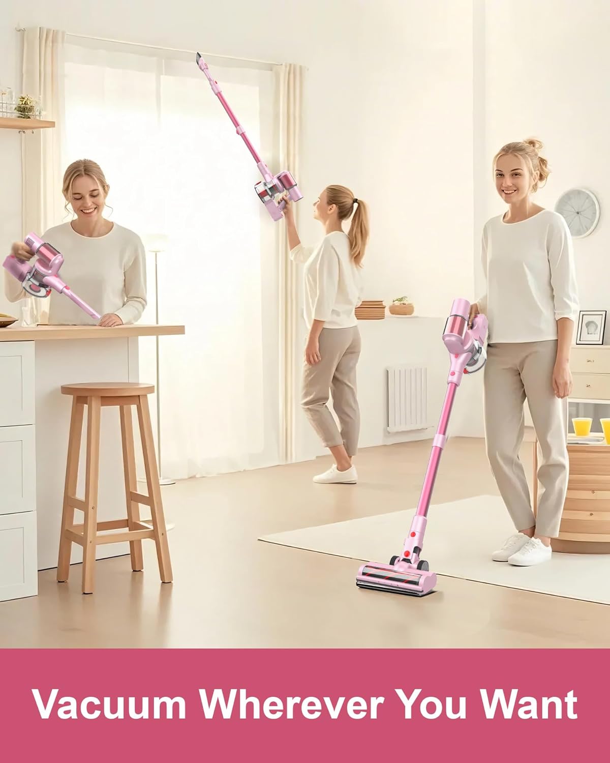 Pink Cordless Vacuum Cleaner, 550W 45KPA Turbo Suction, 60 Mins Runtime, Self-Standing with LED Display, Anti-Tangle Brush, Stick Vacuum Cleaner for Home Hardwood Floor, Carpet, Pet Hair