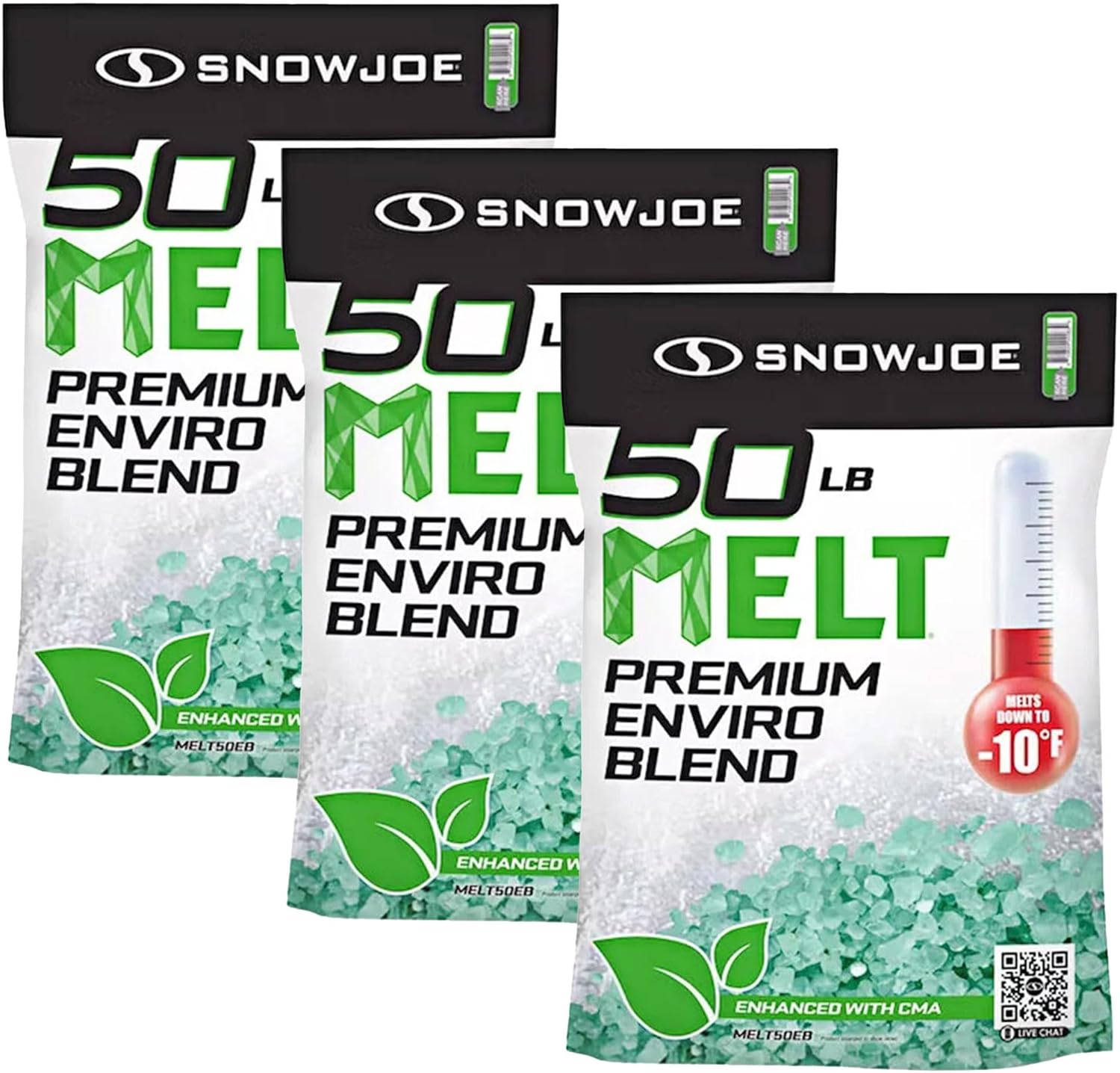 Snow Joe 3 Pack Premium Enviro Blend Snow & Ice Melt, Green-Coated Deicer Crystals, 50 lb - Safer Melter for Vegetation, Concrete & Metals