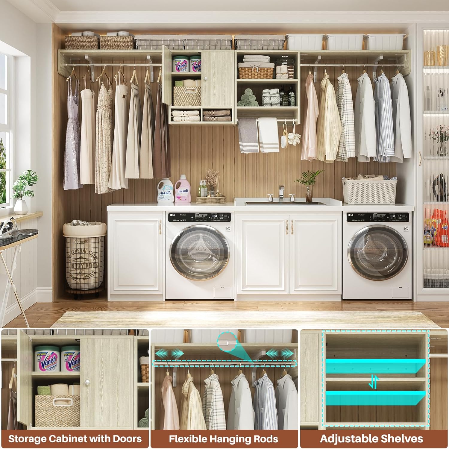 Unikito Over Washer and Dryer Storage Shelves and Organizer, Wall Mounted Laundry Room Shelf with 3 Hanger Rods, Laundry Room System, Space Saver Clothes Drying Rack, 118