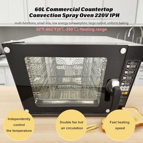 220V Commercial Countertop Convection Spray Baking Oven - 60L (15.85gal) 5500W, 32℉-662℉, 4 Racks, 304 Stainless Steel Hot Air Circulation for Pizza, Cookies, Bread