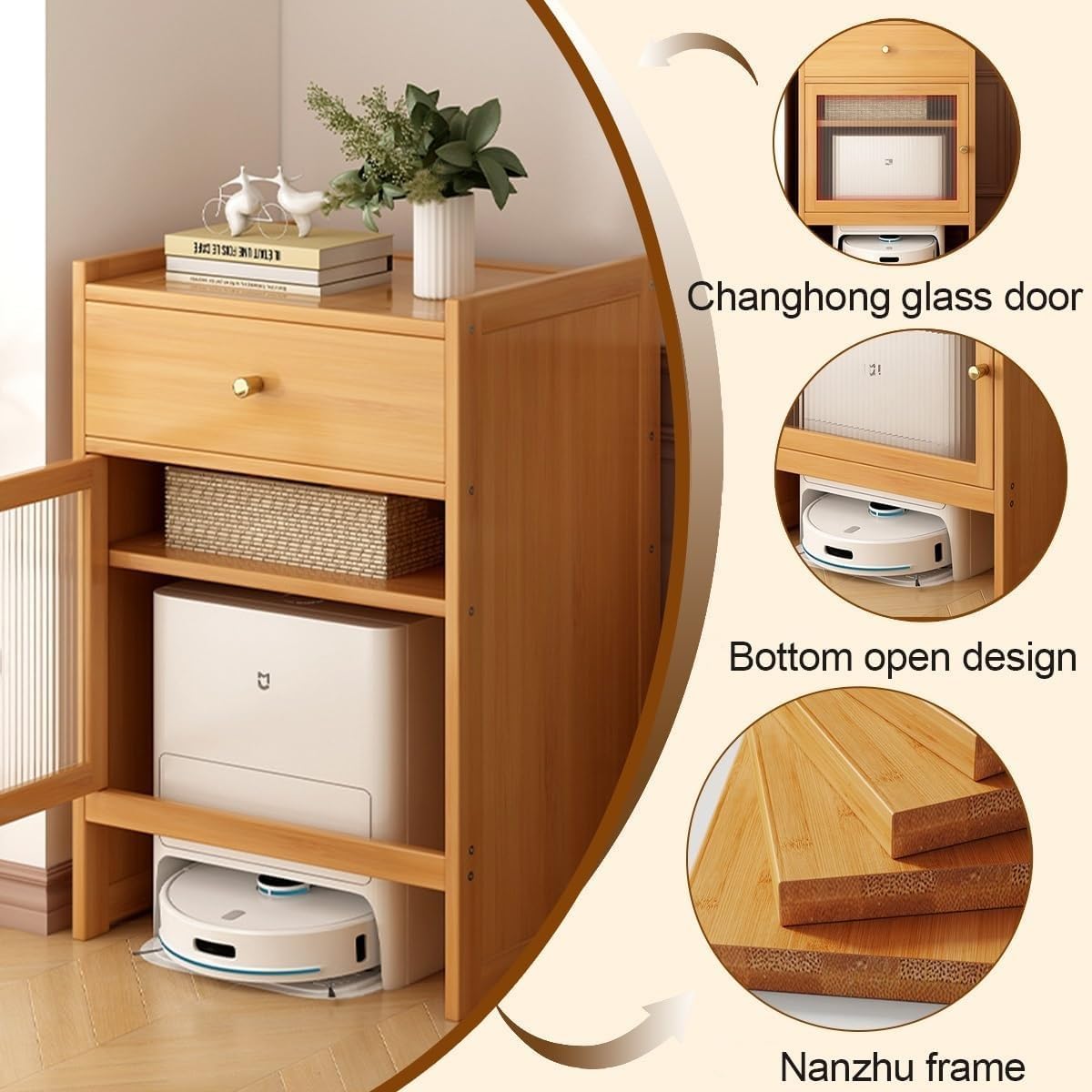 Robot Vacuum Cabinet Robot Vacuum Storage Rack Bamboo Freestanding End Table for Living Room, Home, Office, Entrance, Corridor(Natural)