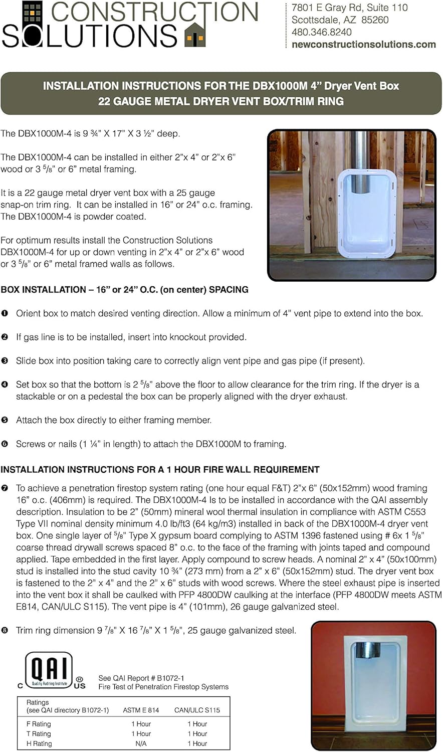 Dryer Vent Box Metal White with Trim Ring for 2x4 Wall