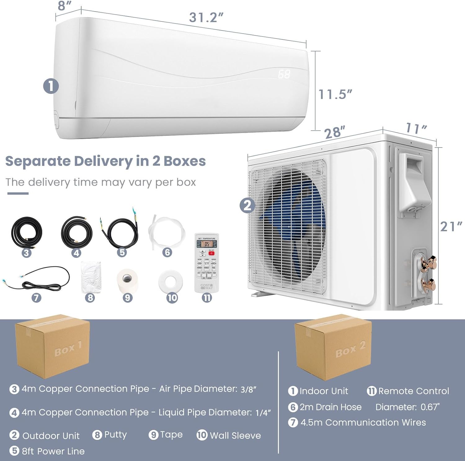 KOTEK 12000 BTU Mini Split AC/Heating System, 20 SEER2 Inverter Ductless AC Unit, Cools Up to 750 Sq. Ft, Wall Mounted Air Conditioner with Heat Pump & Installation Kit (12000BTU, 115V, 20 SEER2)