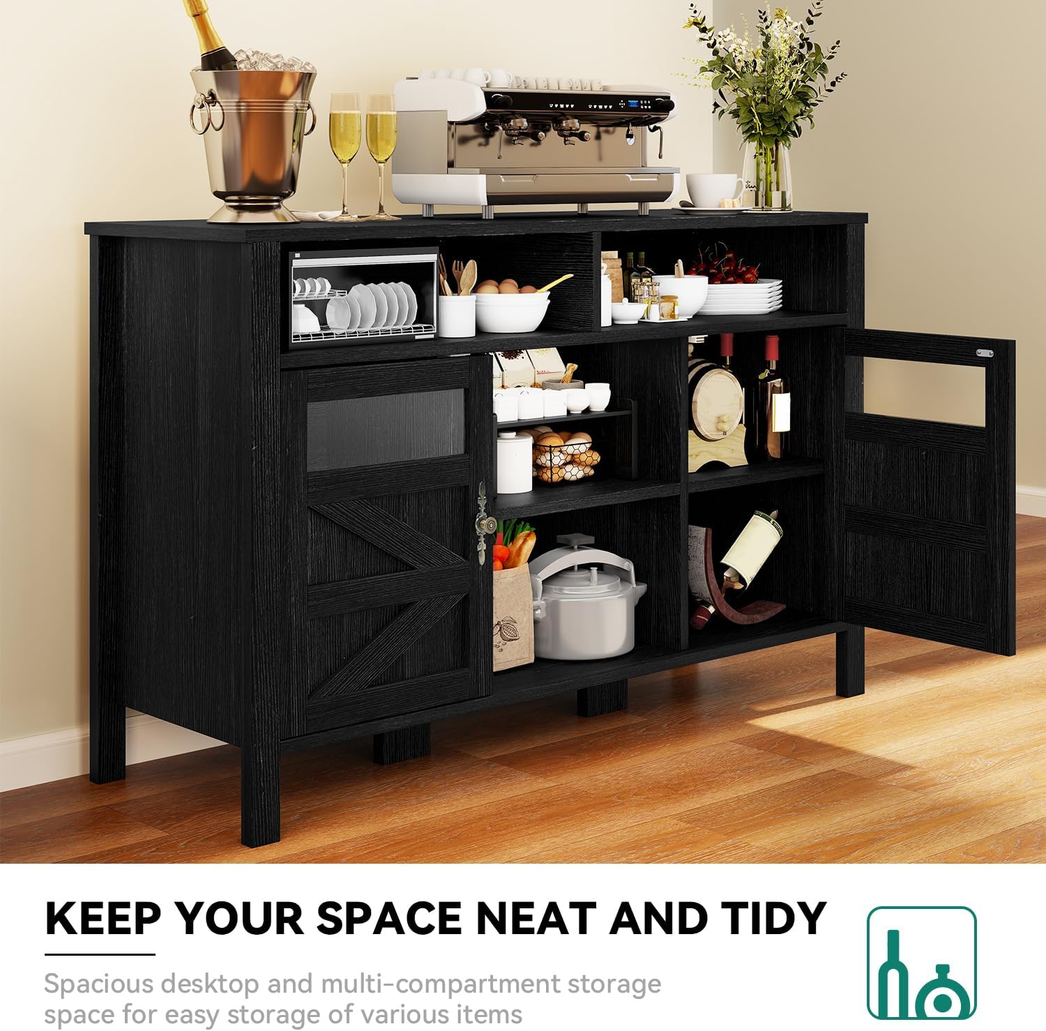 YITAHOME 55'' Farmhouse Buffet Cabinet with Storage, Large Sideboard Cabinet with 2 Doors & Open Storage, Versatile Coffee Bar Table for Kitchen & Living Room (Black)