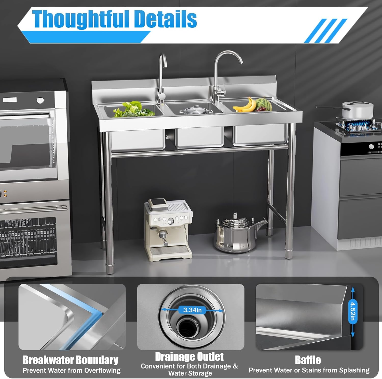 Utility Sink 304 Tainless Steel Table with Sink Outdoor Sink Station 3 Compartment Sink Commercial Kitchen Appliances Laundry Room, Workshop and RV(39 * 18 * 35.8 IN)
