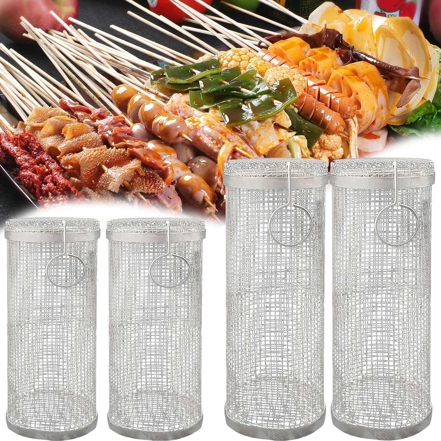 Stainless Steel Mesh Cylinder Grill Basket, Rolling Grill Basket, BBQ Grill Basket, Grilling Accessory, for Vegetables, Shrimp, Fish,