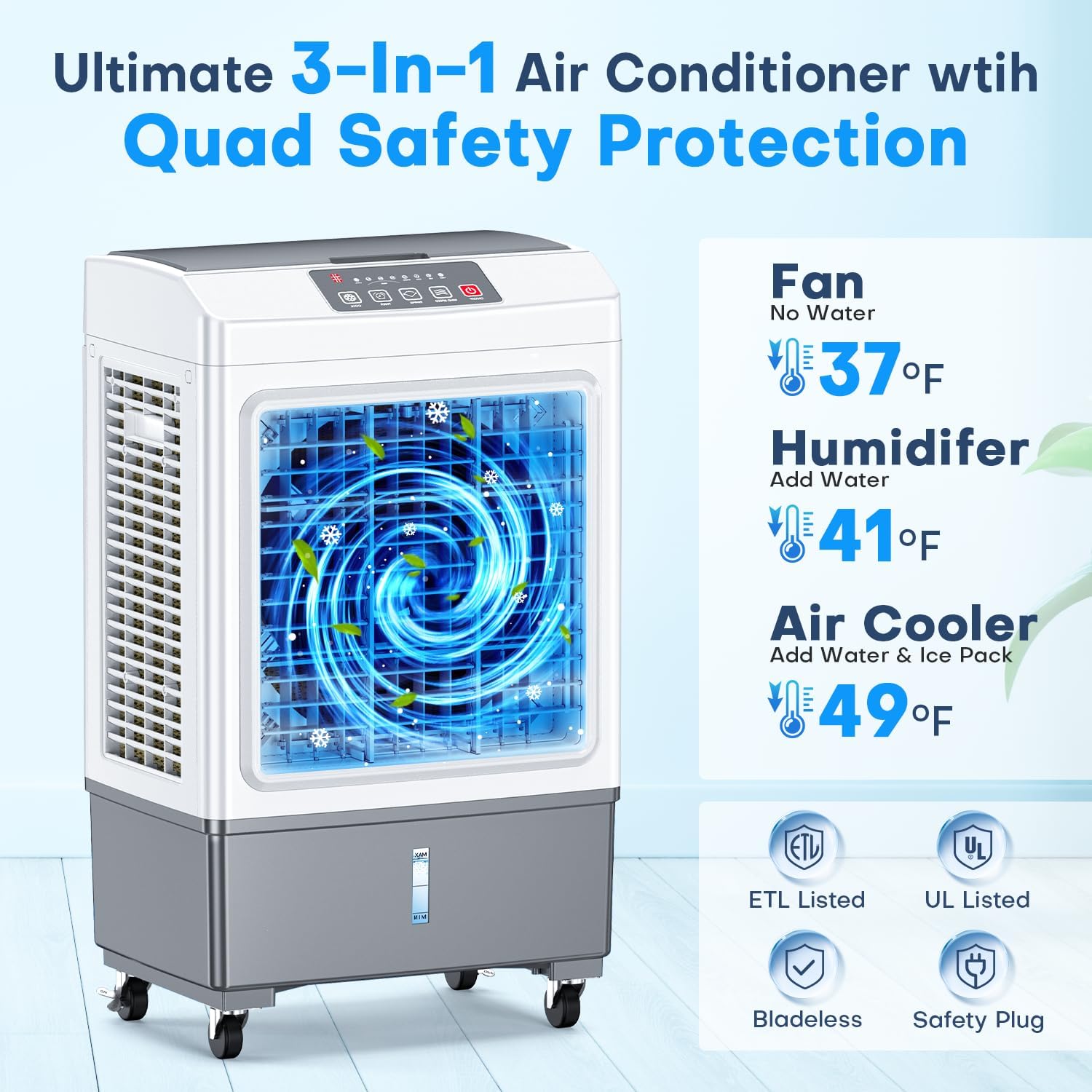 FANCOLE Windowless Air Conditioner, 2100CFM Evaporative Air Cooler with 3 Ice Packs, 700 Sq.ft Swamp Cooler Air Conditioner No Windows Needed w/3Mode & 3Speed, 7H Timer & Remote for Room Garage Patio