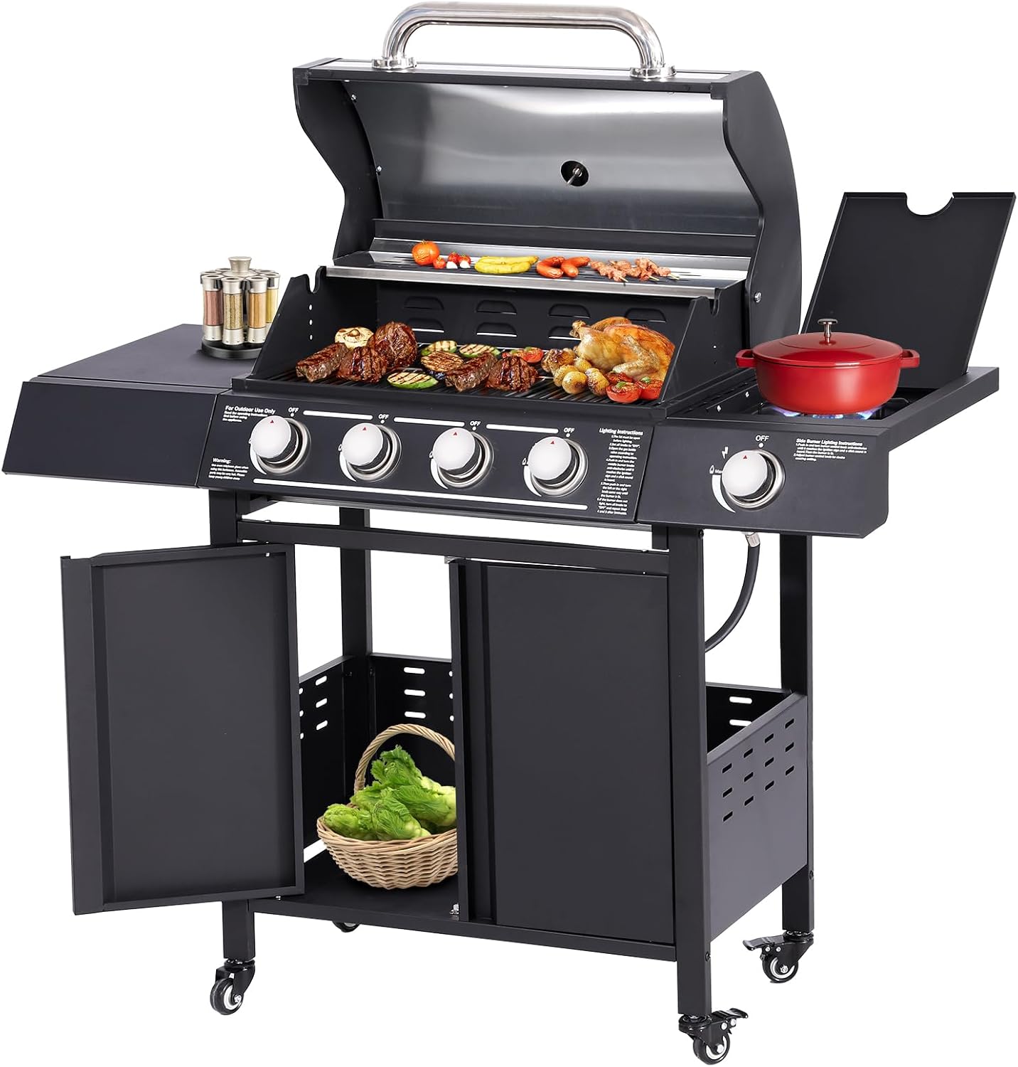 LEISU 4 Burner Outdoor Propane BBQ Gas Grill with Stainless Steel Grates,Side Burner,Thermometer,Warming Racks,50,0000 BTU for Garden,Kitchen,Patio,Backyard Cooking Barbecue,Black