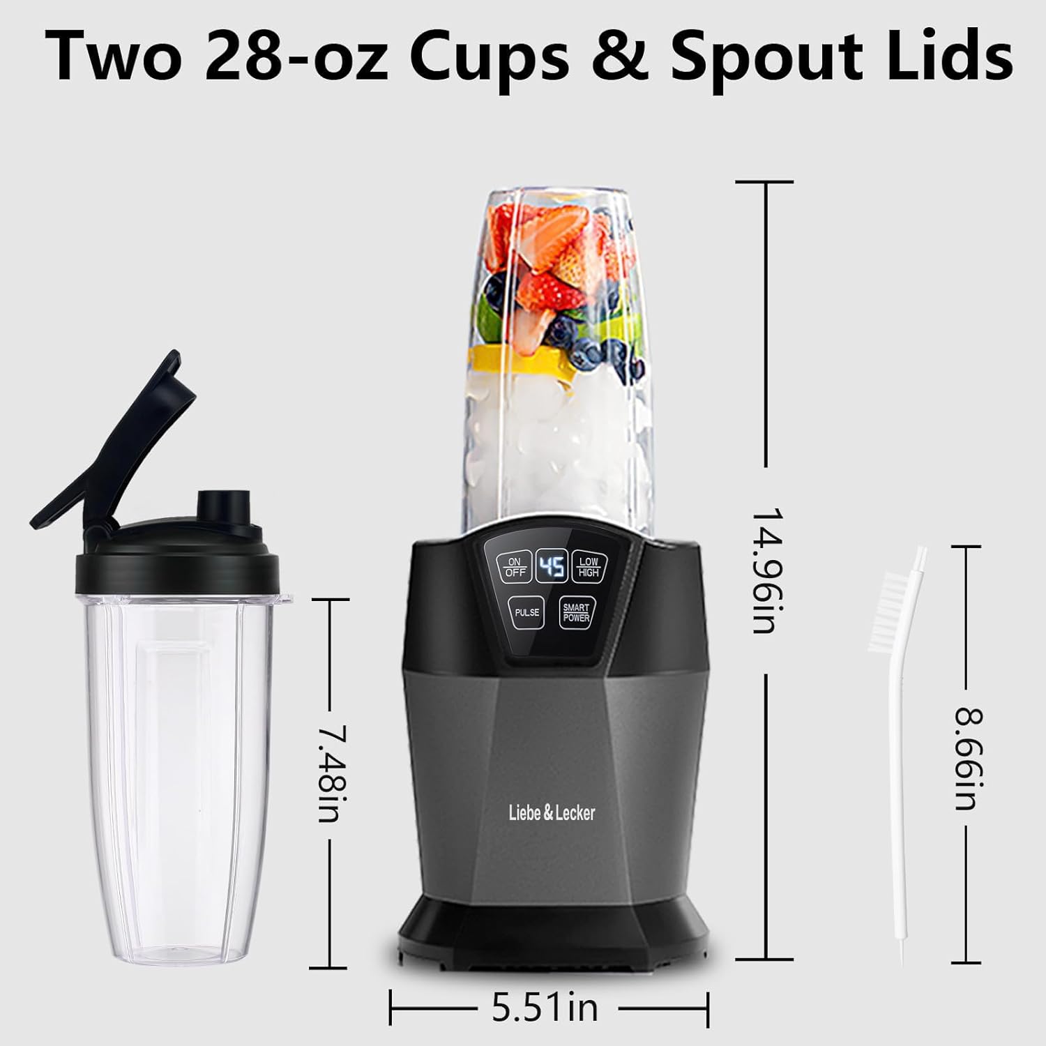 Liebe&Lecker Smoothie Blender, 1200 Peak Watts Blender for Smoothies, Blenders with (2) 28-oz To-Go Cups & Solid Lid, Personal Blenders for Shakes and Smoothies, Ice Crushing & Frozen Fruit
