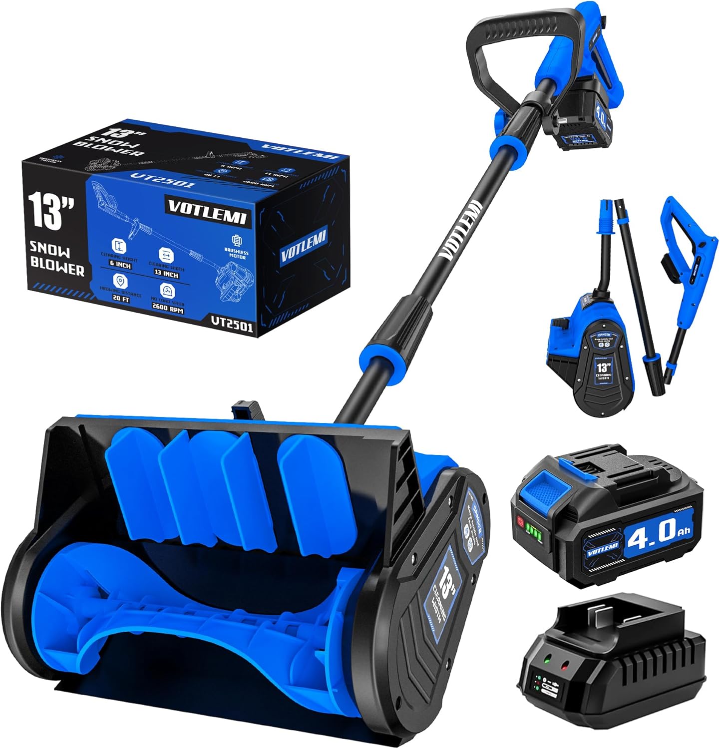 40V Cordless Snow Shovel, 13 Inch 4.0Ah Electric Snow Shovel with Directional Plate, Brushless Cordless Snow Blower for Pathway, Patio, Deck, Driveway, Blue