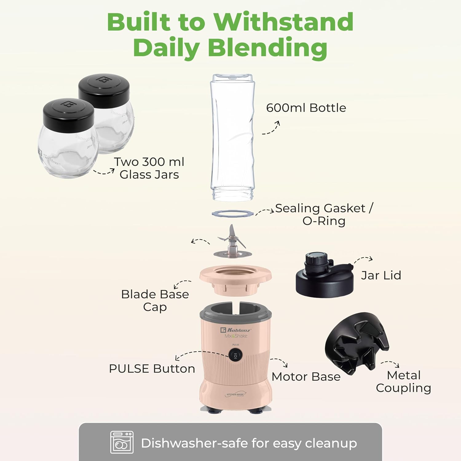 Mix&Shake Blender, 20 oz Portable Blender, 600W Motor, Pulse, ON/OFF, Stainless Steel Blades, Shakes, Sauces, Smoothie Maker, (1) 20 oz To-Go Bottle, (2) 10 oz Glass Jars, Pink, MSKM-600 2PS