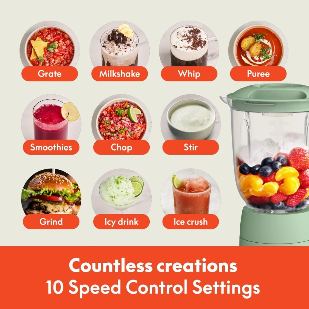 Bela Blender with BPA-Free 48oz Jar, 450W Motor, Stainless Ice-Crushing Blades, Built-In Measuring Cap, Compact Space-Saving Design, Seaglass (Seaglass)