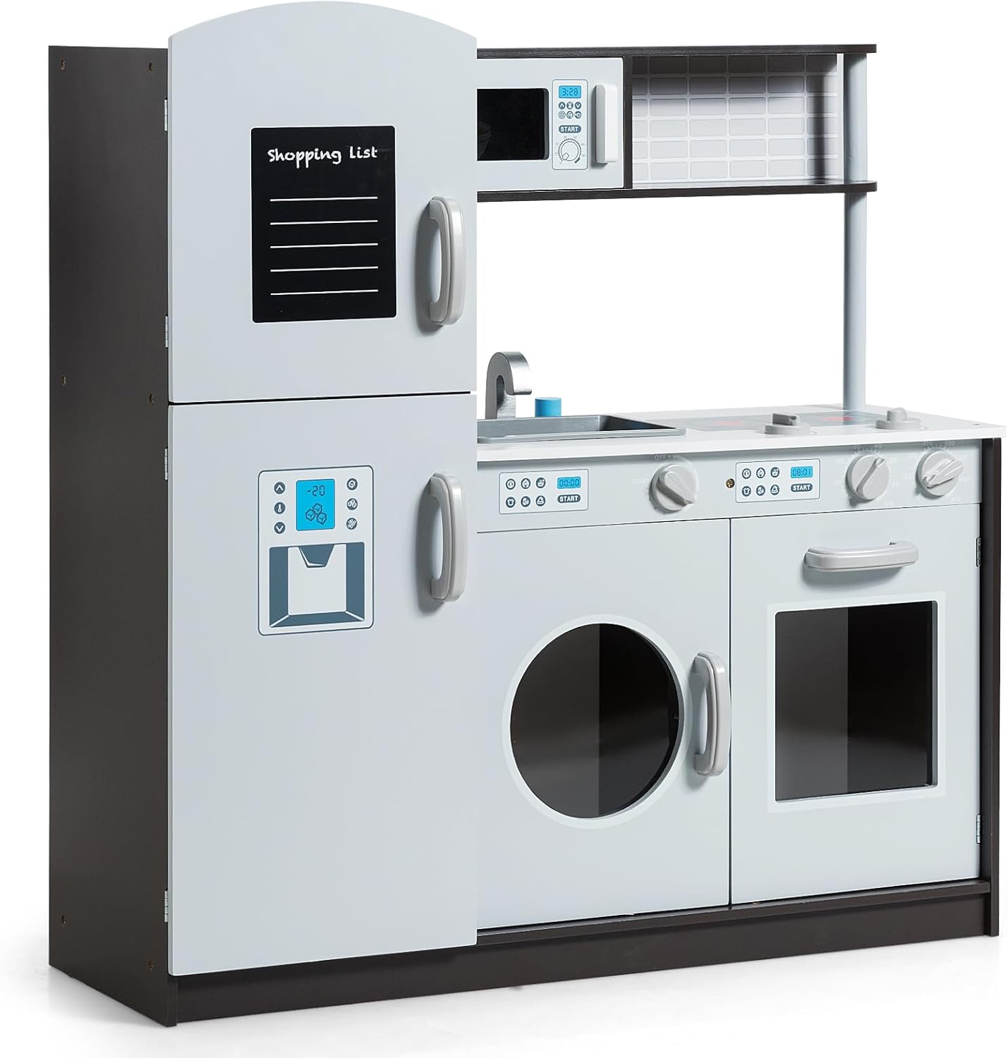 Costzon Kids Play Kitchen, Wooden Kids Kitchen Playset w/Realistic Sound, Microwave, Oven, Washing Machine, Refrigerator, Sink, Toy Kitchen, Gift for Boys Girls Age 3+