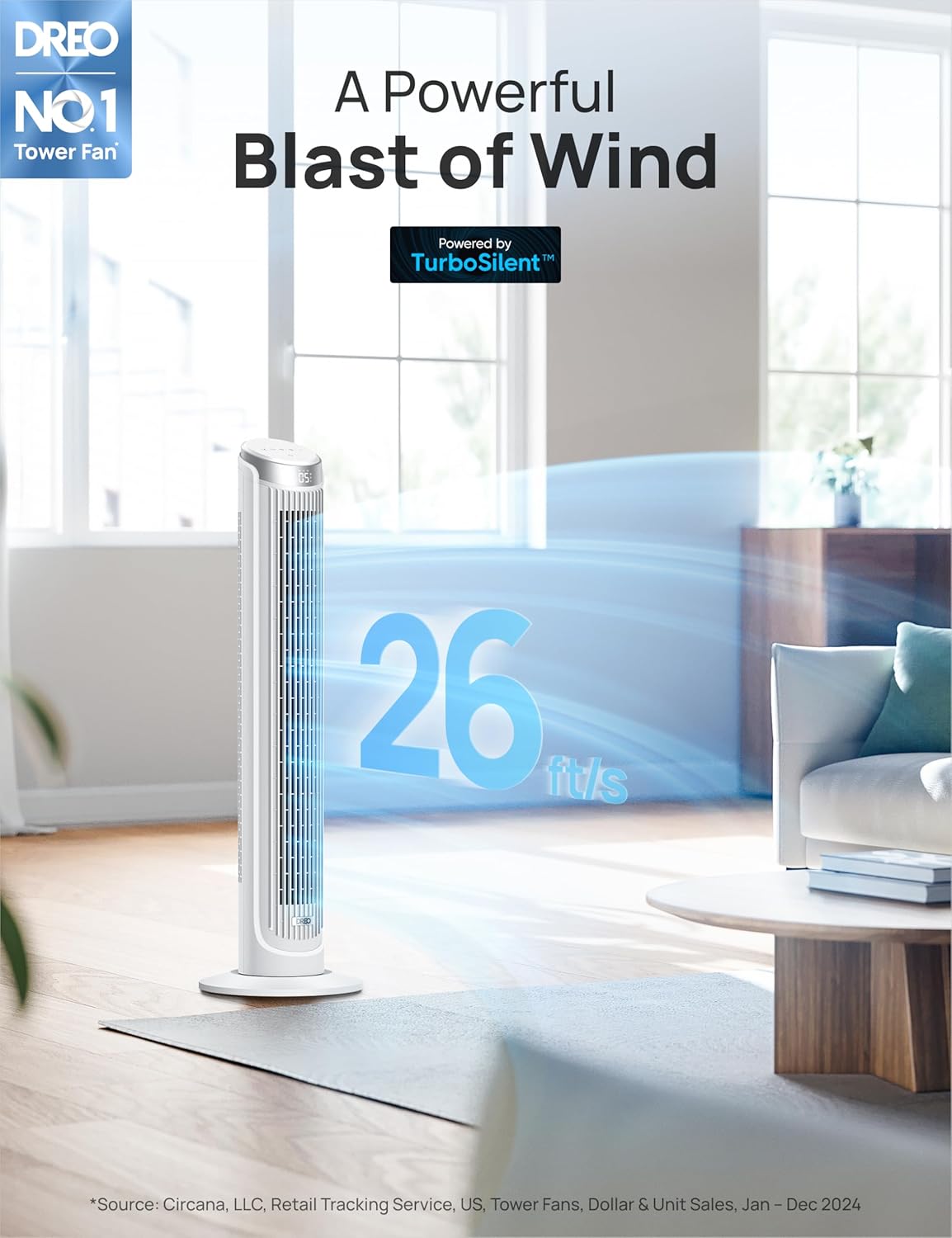 Dreo Smart Tower Fan for Bedroom, Standing Fans for Indoors, 90° Oscillating, 26ft/s Velocity Quiet Floor Fan with Remote, 12H Timer, Voice Control Fans for Indoors, Compatible with Alexa