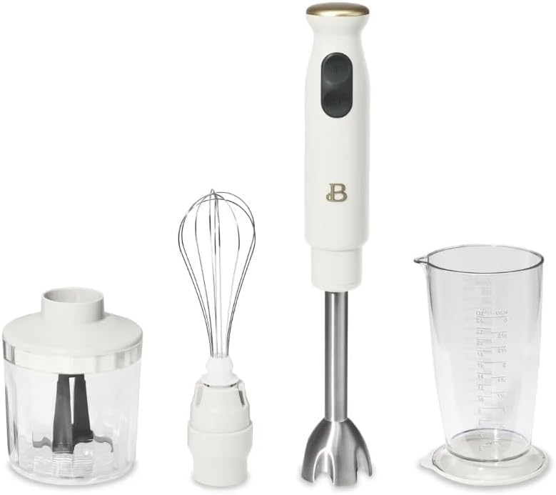 Beautiful 2-Speed Immersion Blender with Chopper & Measuring Cup, Stainless Steel Shaft, Quiet 250W Motor, Cornflower Blue Finish, Dishwasher Safe, Includes Whisk & 24 oz Beaker (White Icing)