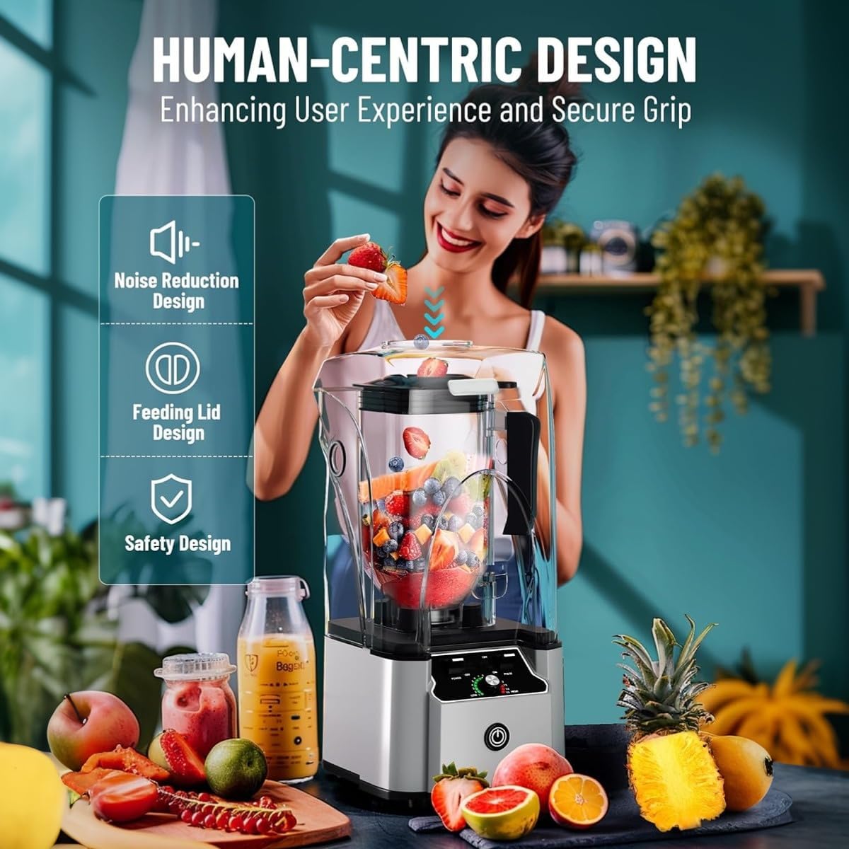 Commercial Professional Blender With Shield Quiet Sound Enclosure 2200W Industries Strong and Quiet Professional-Grade Power, Self-Cleaning, Silver