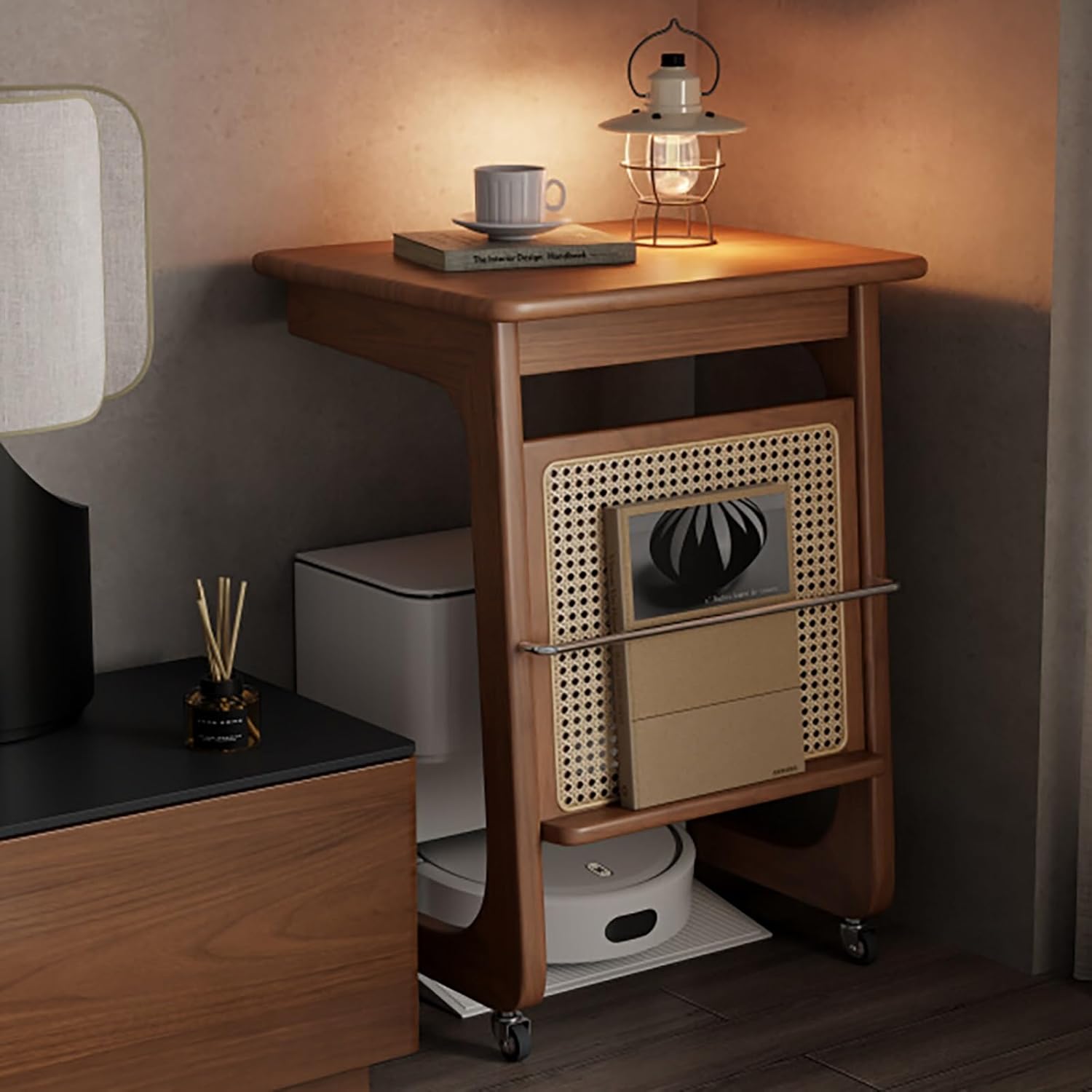 Mobile Robot Vacuum Storage Cabinet Side Table Resin Rattan Storage Cabinet C-Shaped End Tables, for Living Room Dining Room Kitchen Home Office(Yellow,48cm/18.9in)