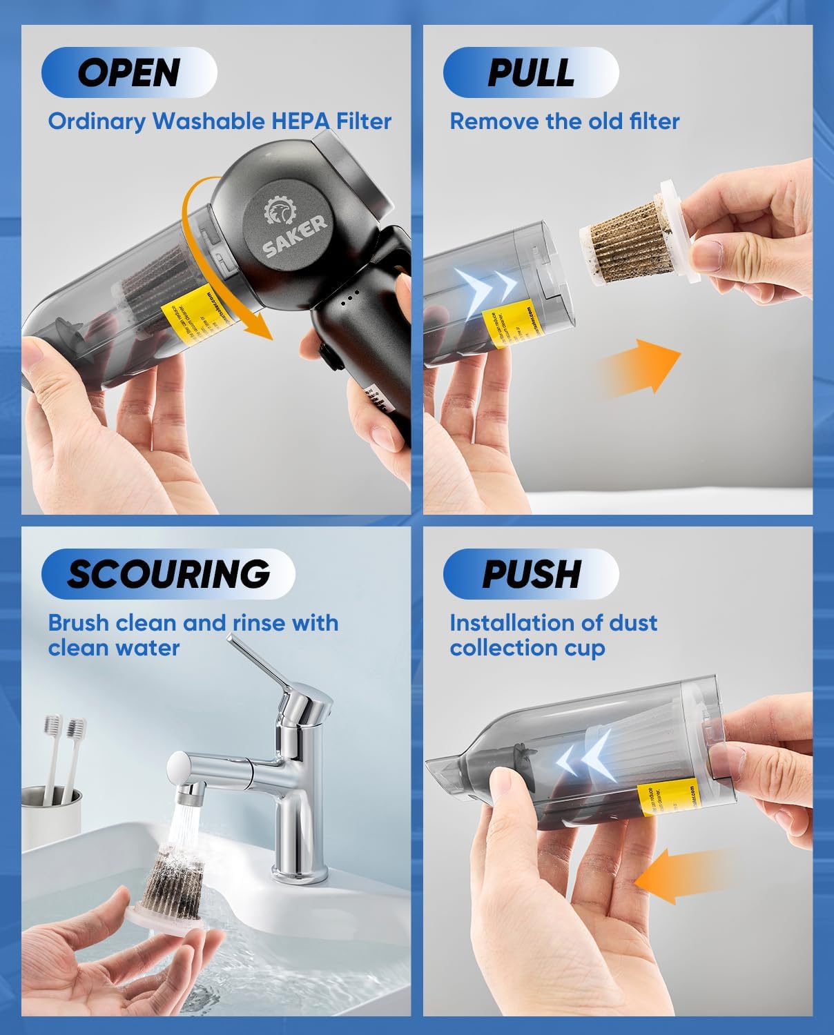 Saker Portable Car Vacuum Cordless 20000PA 6 in 1 Multifunctional Handheld Vacuum with HEPA Filter 4-Piece Set