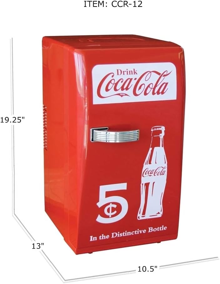 Coca-Cola Retro 18 Can Mini Fridge w/ 12V DC and 110V AC Cords, 22L (23 qt), Portable Cooler, Red, Travel Fridge for Drinks, Snacks, Lunch, Home, Office, Dorm Room, RV